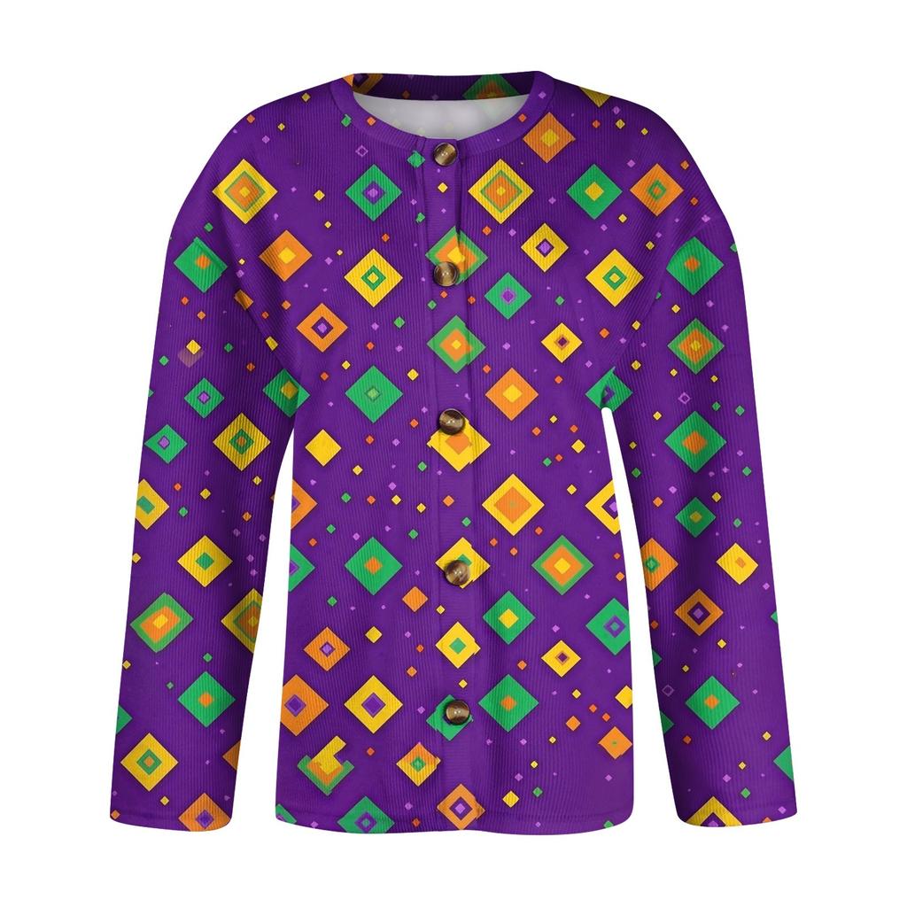 Women's Mardi Gras Print Long Sleeve Knit Cardigan Button Jacket