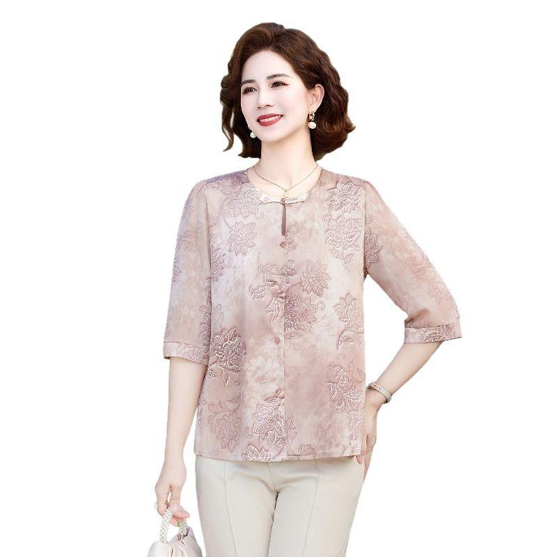 Mom's Chinese Style Blouse: Summer 2025 Chiffon Seven-Sleeve Top for Middle-Aged and Elderly Women