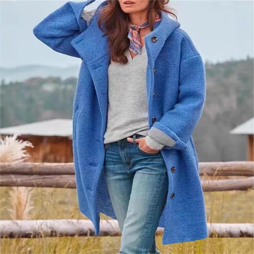 Ladies American Style Woolen Coat Windbreaker Autumn Winter Fashion Outerwear Polyester Fiber Hooded Loose Fit Coat