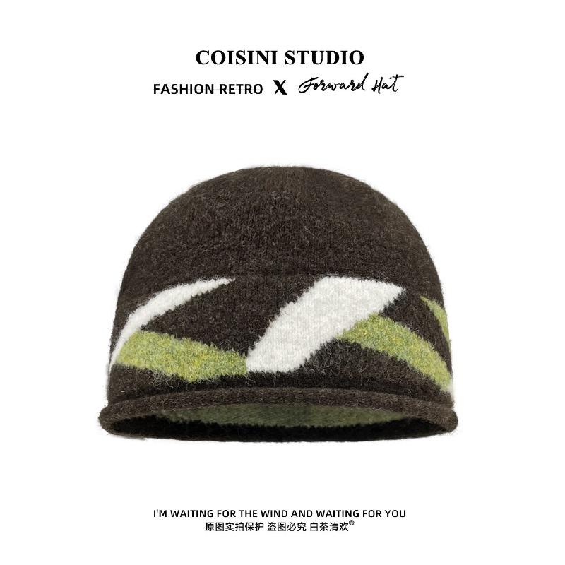 Meier Rhombus contrasting color knitted headgear, women's autumn and winter warm, cold-proof and lazy feeling, big head circumference