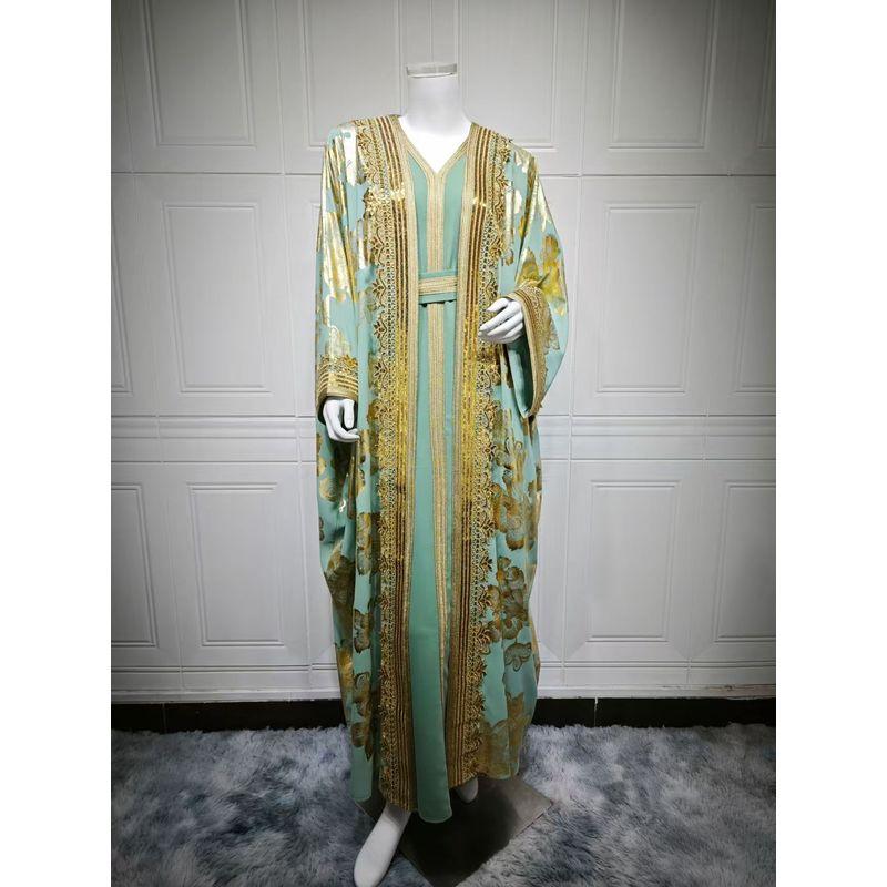 

Новый Ближний Восток Дубай Мода Бронзовое Платье-Халат Комплект из двух предметов Свободный Халат и Платье Light green 2XL