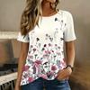 Women Short Sleeve Round Neck Top Floral Print Button Detail Casual Blouse Lightweight Summer Shirt