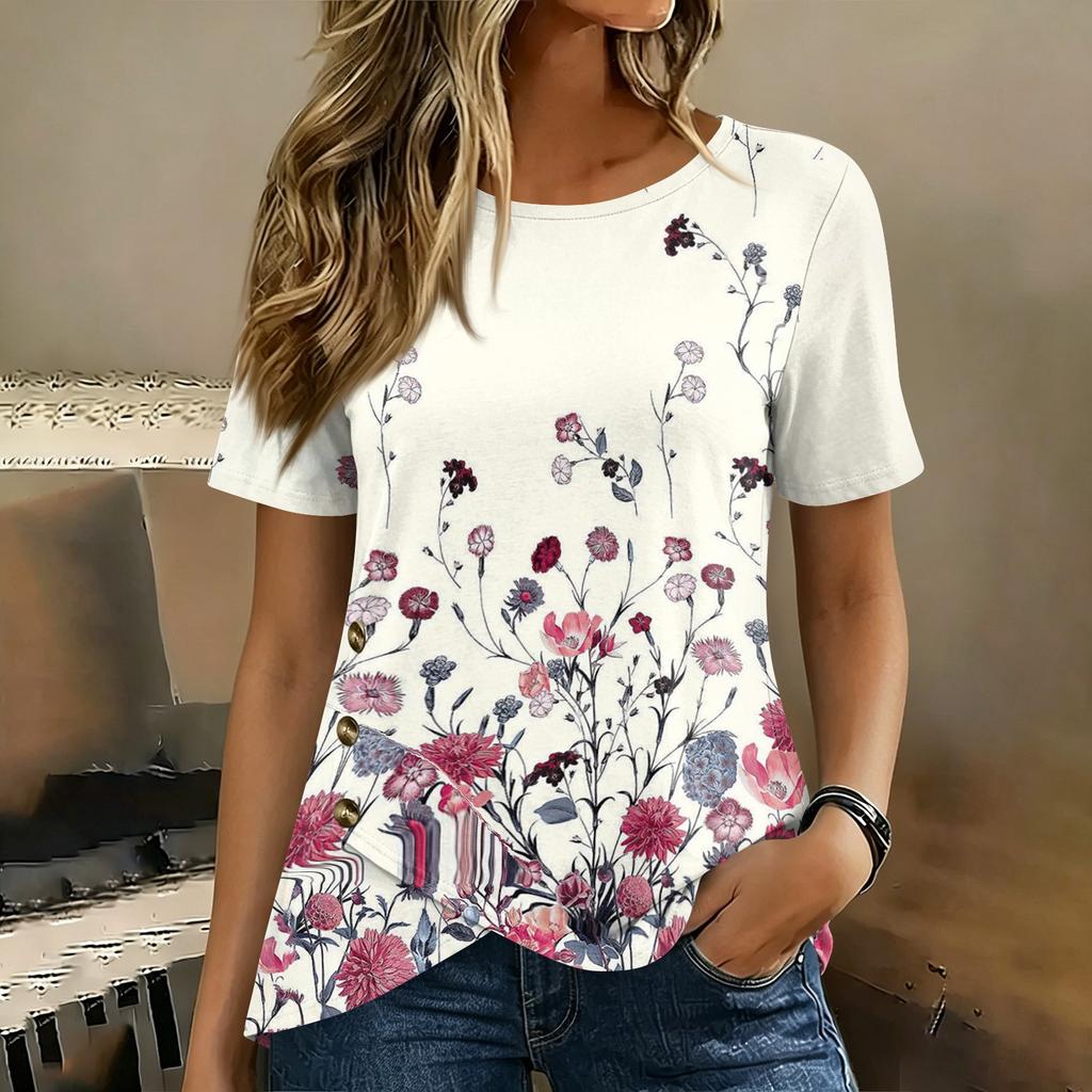 Women Short Sleeve Round Neck Top Floral Print Button Detail Casual Blouse Lightweight Summer Shirt
