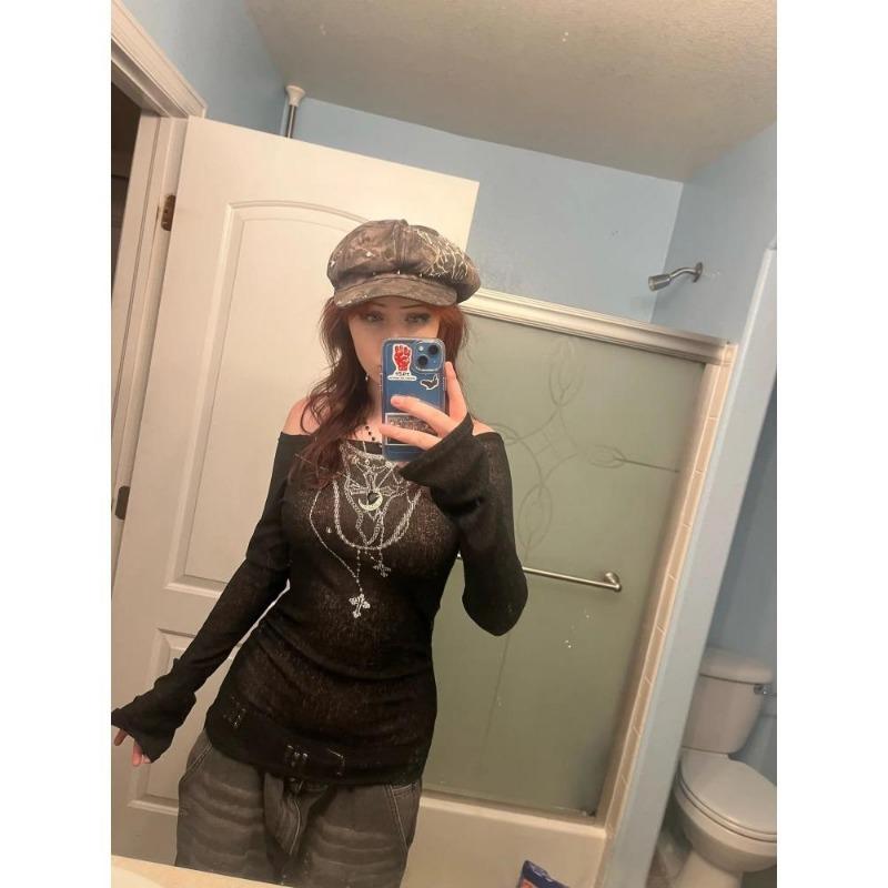 2KWEIRD Japanese Y2k Knitted Tops Grunge Tattoo Print Long Sleeve T-shirt Ribbed Vintage Harajuku Shirring Knitwear 2000s Gothic