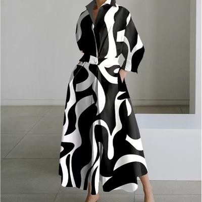 Vintage Abstract Print Boho Long Dress 2025 Spring Waist Buttoned Lapel Shirt Dress Women Long Sleeve A-Line Summer Beach Dress