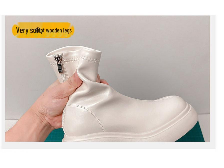 Women's White Platform Ankle Boots - Height-Increasing, Elastic Slim Fit, Genuine Leather Martin Style