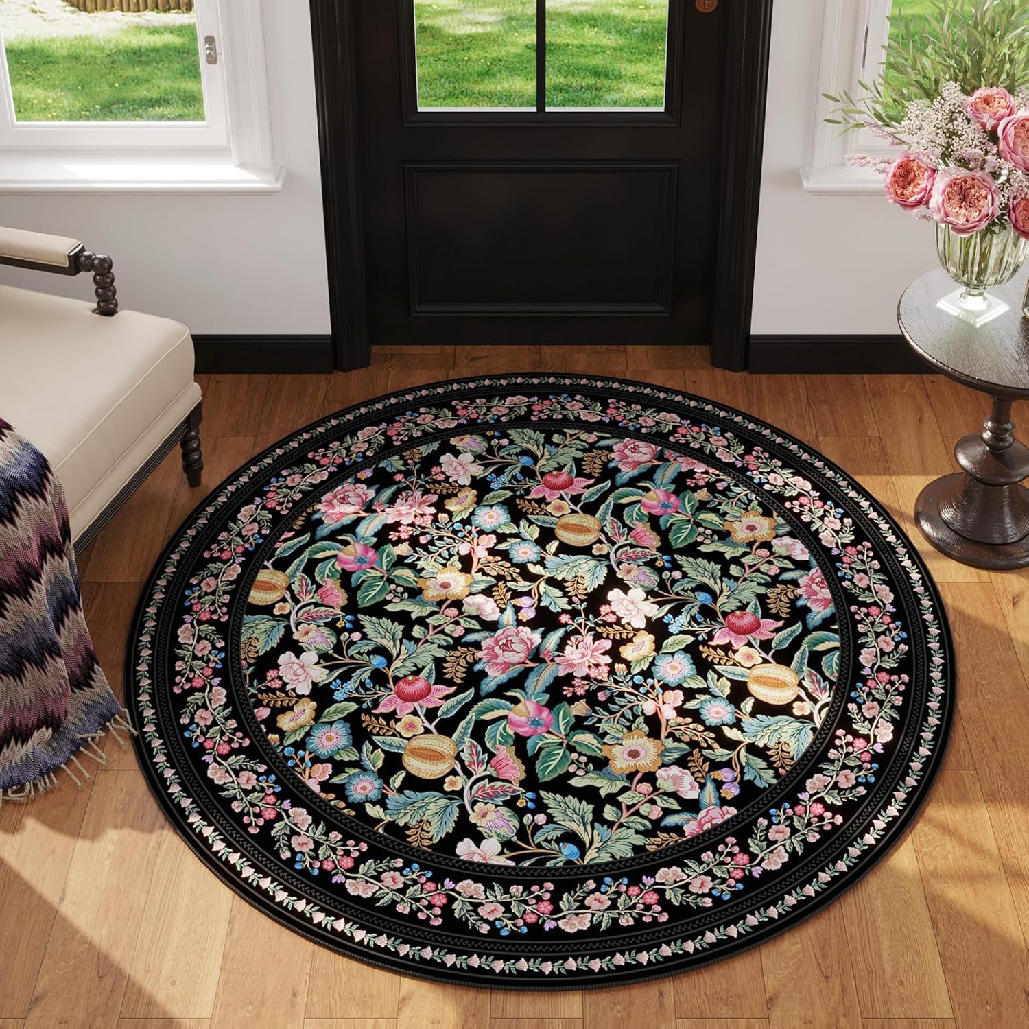 

Round Flower and Bird Carpet Pink Flower Pattern Carpet Floral Pattern Printed Floor Mat Sofa Living Room Coffee Table Foot Pad 80cm x 80cm