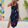 Women Plus Size U Neck Sleeveless White Printed Tank Midi Dress High Side Slit Curved Hem