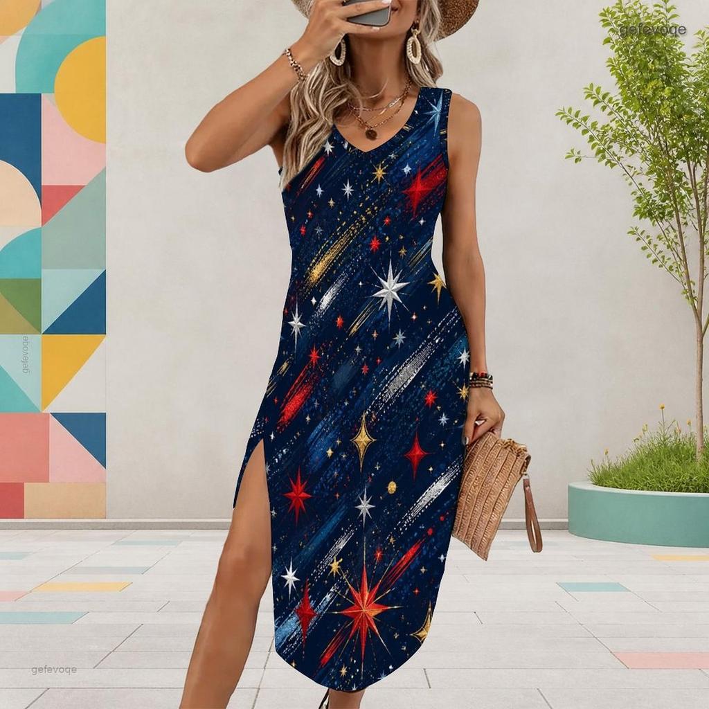 Women Plus Size U Neck Sleeveless White Printed Tank Midi Dress High Side Slit Curved Hem