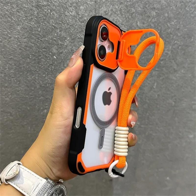 Armor Candy Color Clash For Magsafe Phone Case For 17 16 15 14 Plus 13 12 Pro Max Stand With Wrist Strap Phone Back Cover