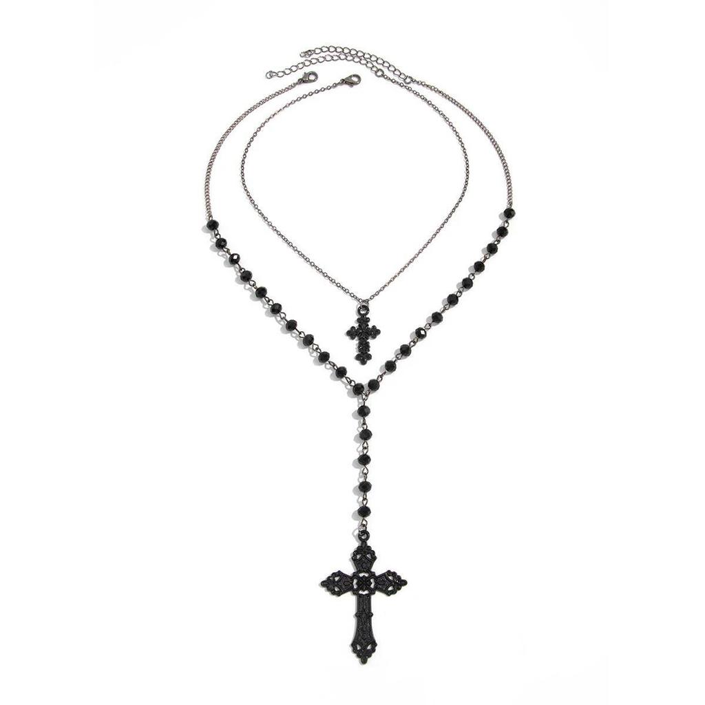 Ingemark 2Pcs/Set Creative Jesus Cross Pendant Choker Necklace for Women Goth Black Crystal Chain Halloween Neck Jewelry Gift