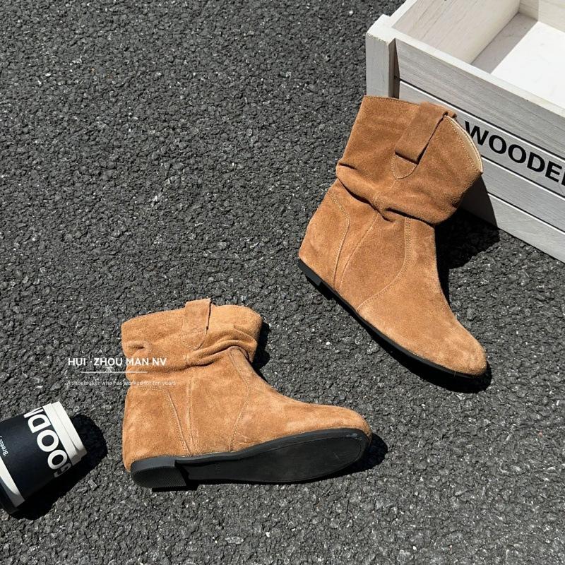 The first layer of cowhide~ genuine leather inner height increase retro short boots women's western Martin boots round head short tube stacking boots