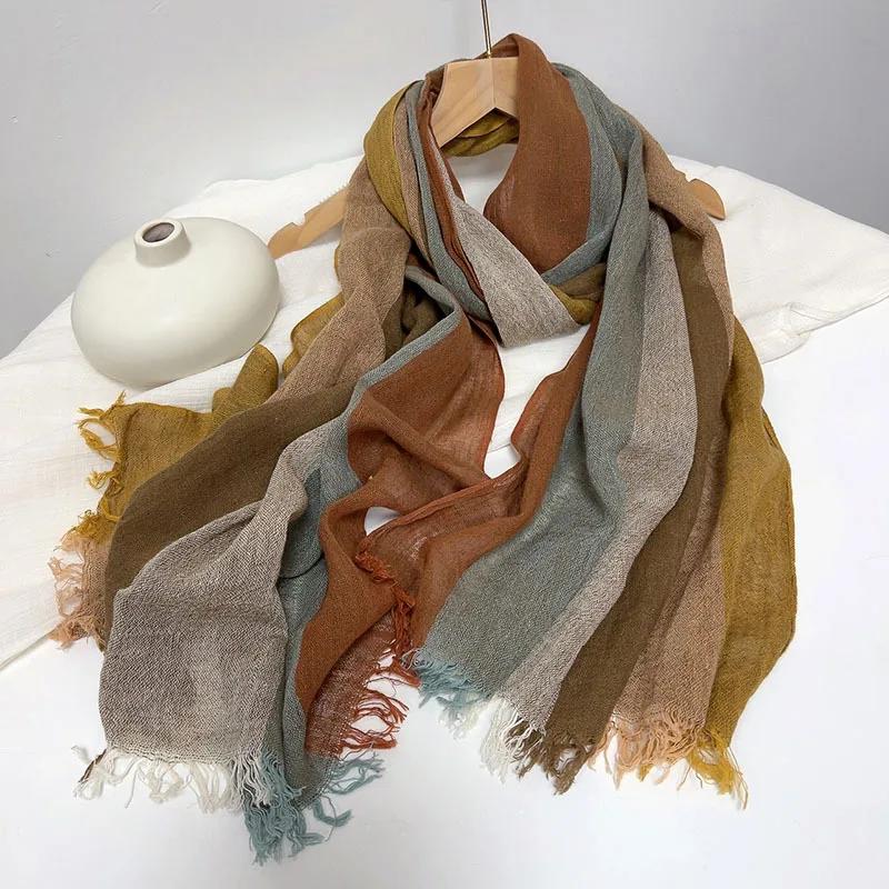 Stripe Linen Flax Tassel Scarf Women Foulard Summer Travel Long Shawl Lady Elegant Hijab 60*200CM