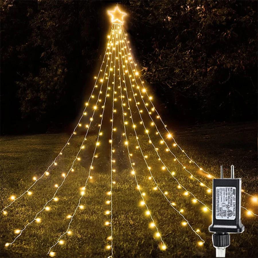 

9X3.5M 350 светодиодных солнечных рождественских гирлянд со звездами-водопадами, уличная рождественская елочная верхушка, звездная гирлянда на солнечных батареях