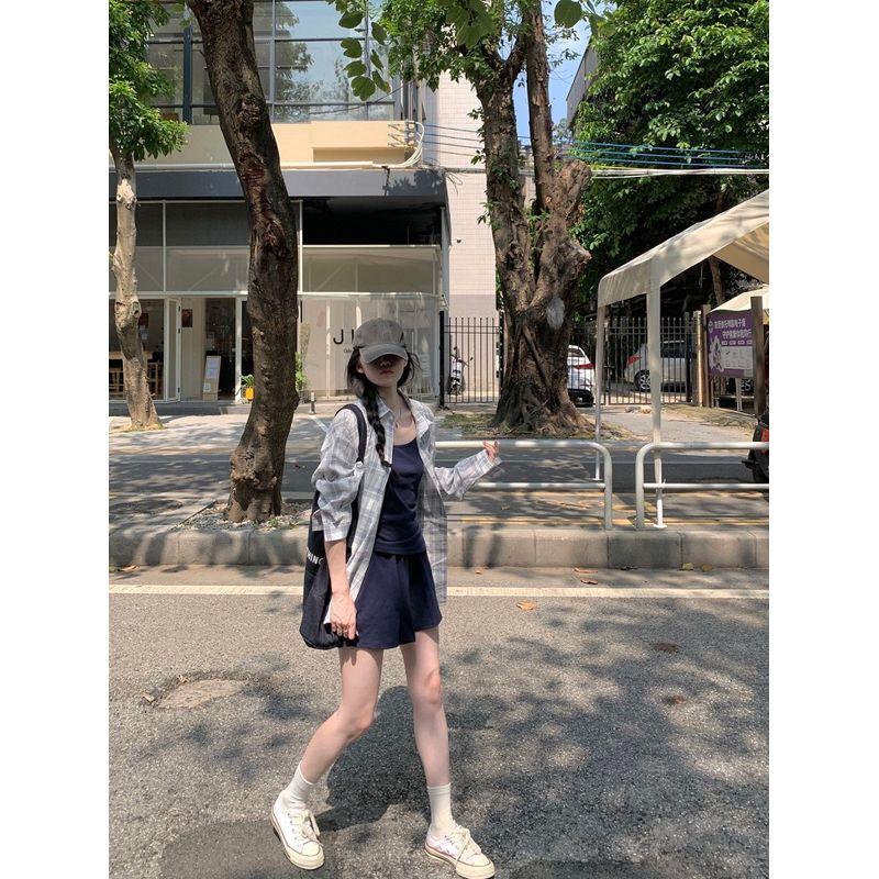 Kumikumi Fashion Suit Long Sleeves Shirt Women's Autumn Inner Suspender Vest Slimming Versatile Shorts Three-Piece Set