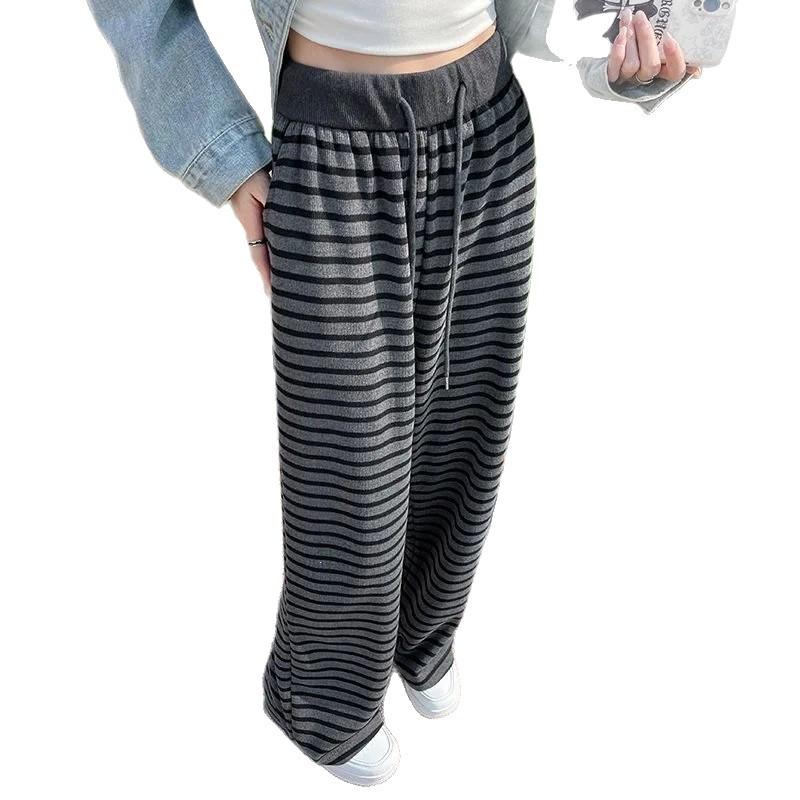 Women's Retro Grey Striped Wide-Leg Pants, Elastic Waist with Drawstring - High Waist, Loose Fit, Spring/Summer 2026 Collection.