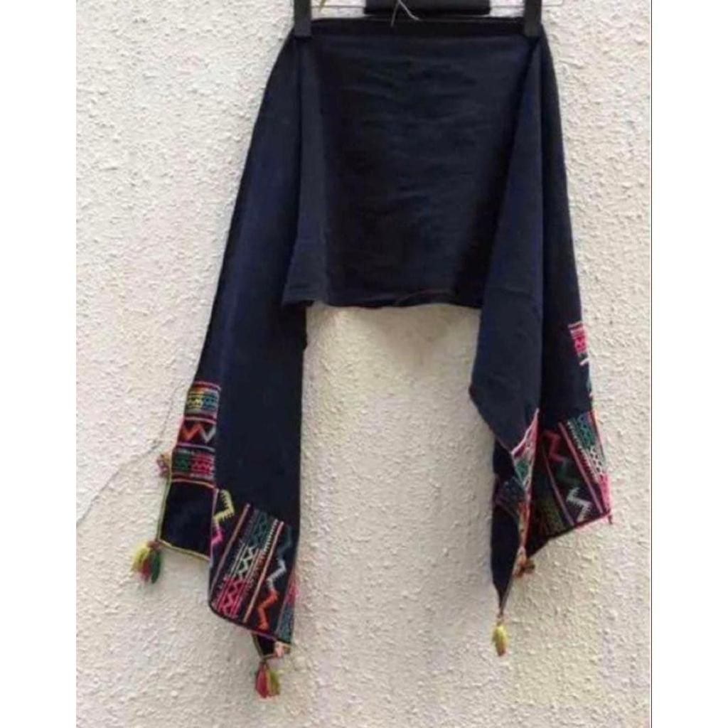 Used Black Hmong handmade indigo-dyed & embroidered motif stole (ethnic clothing)