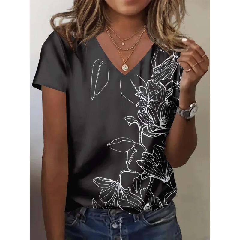Summer Women's 3D Printed V-Neck T-Shirt Fashion Versatile Breathable Trend Casual
