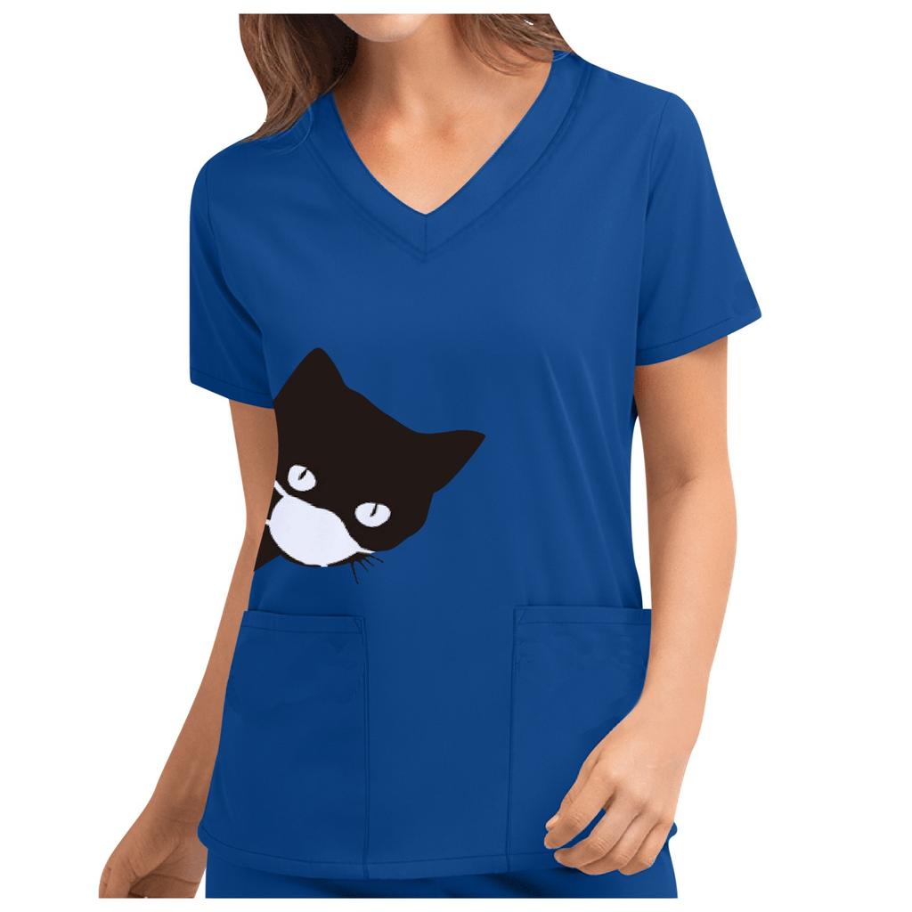 Women's Cute Print Short Sleeve V-neck Top Work  Solid Color Pocket Top