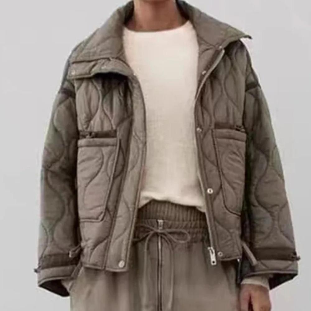Women's Fashion Warm Cotton Jacket Fall and Winter Standing Collar Long Sleeve Front Zipper with Buttons Vintage Jacket