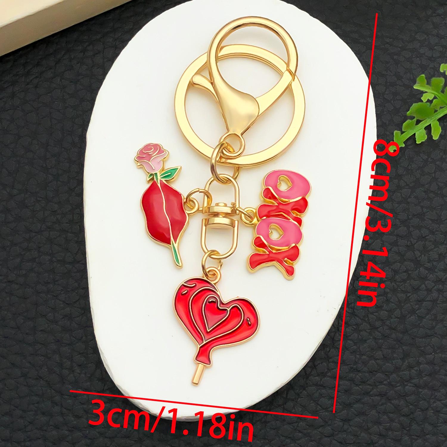 Valentine s Day Pink Rose Heart Keychain - Zinc Alloy Drip Oil Bag Accessory Gift