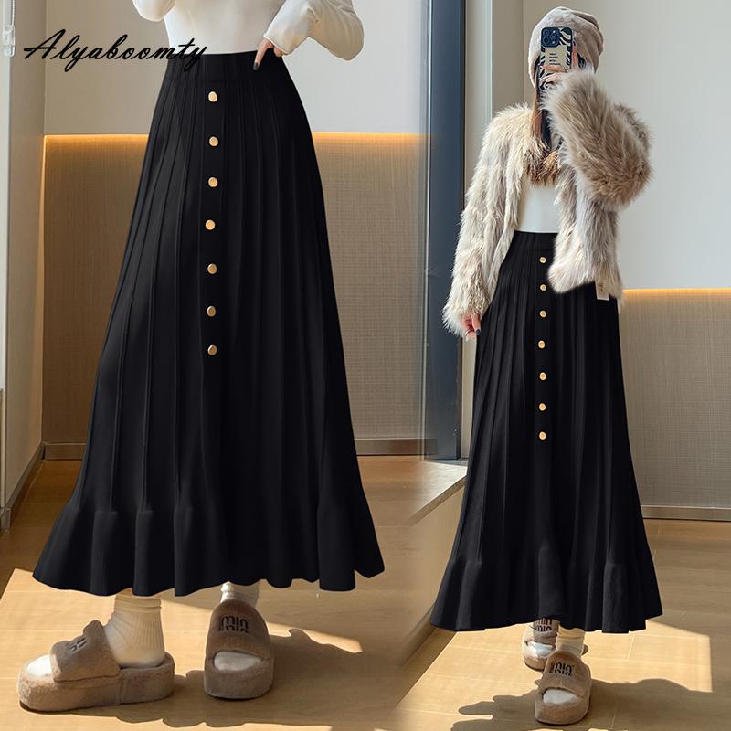 French Style Autumn Winter Women Knitting Skirt High Waist Beige Black Knitted Ruffles Skirt Elegant Feminine Split Ladies' Skirts Womens