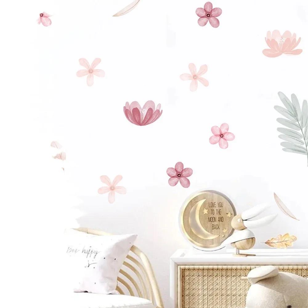Boho Pink Floral Botanical Wall Stickers Decoration for Kids Room Living Room Interior House Decor Vinyl Wall Decals Art Mural