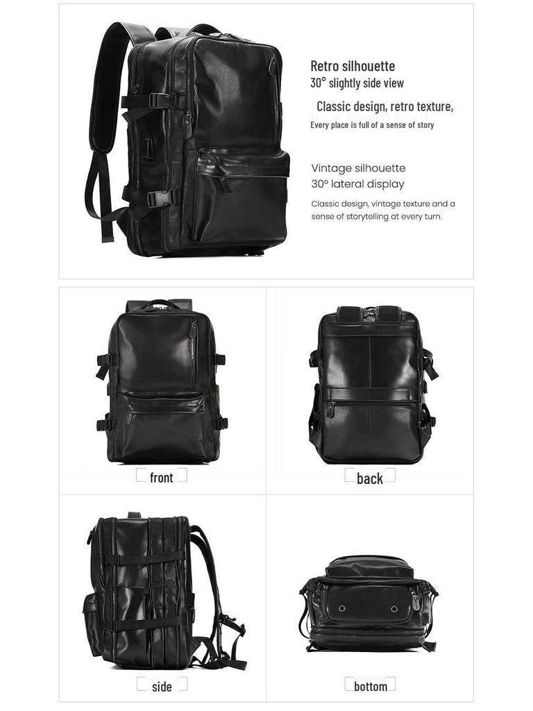 Men's Genuine Leather Expandable Large Capacity Shoulder Backpack for Business Travel
