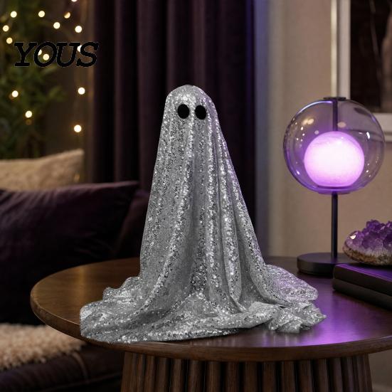 Decorative Ghost Sculpture Halloween Decoration, Outdoor Shiny Figurine with Sequin Cloth, Light Collectible Up Spooky for Parties, Lawn, Porch Decor