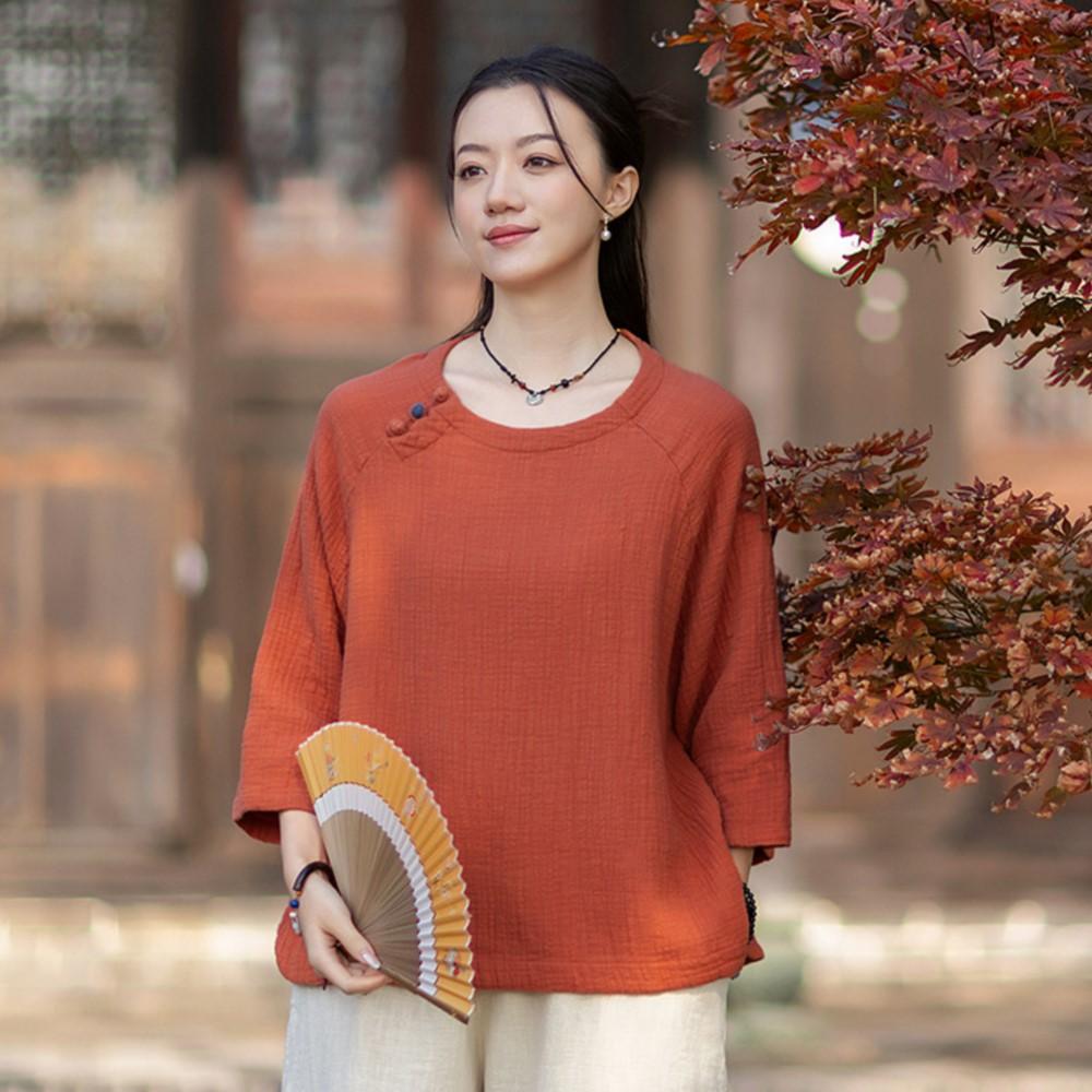 Johnature Women Vintage T-Shirts Spring Chinese Style Solid Color Soft O-Neck Seven Sleeve Female T-Shirts