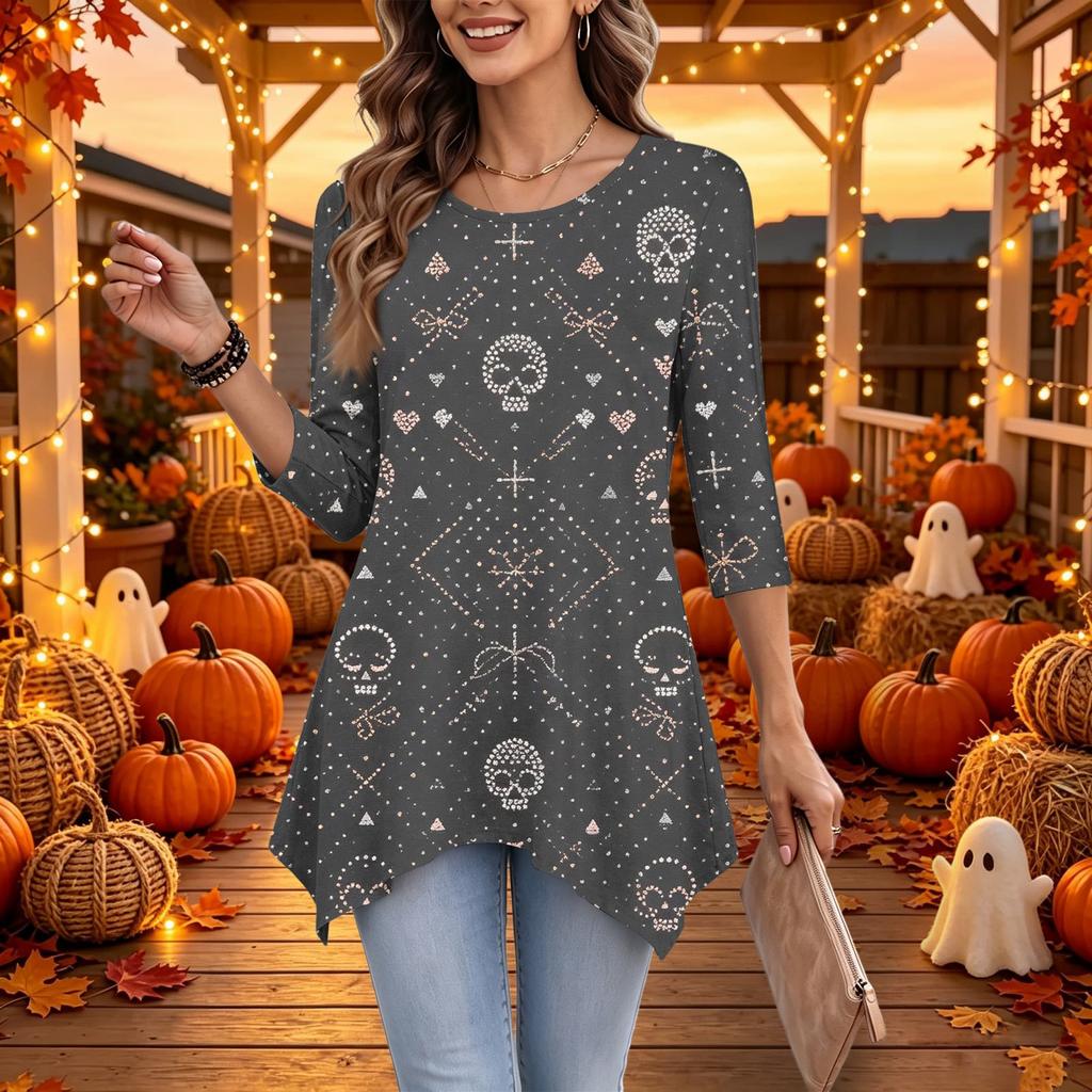 Women's Casual Halloween Print Top, Loose Fit Three-Quarter Sleeve
