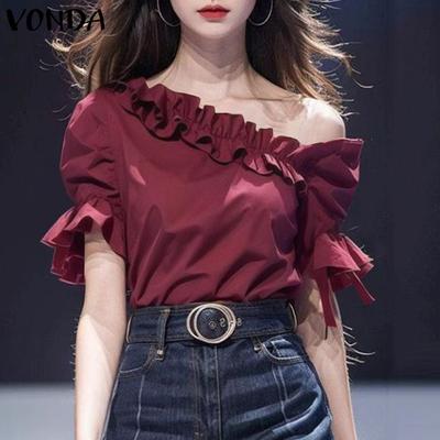 Summer Women Ruffled Off Shoulder Puff Short Sleeve Solid Color Casual Blouses