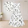 Women Plus Size Two Piece Dress Set V Neck Short Sleeve Leaf Printed Tie Front Strappy Flared Dress
