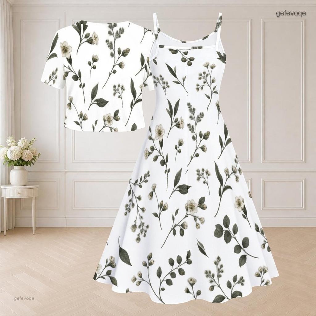 Women Plus Size Two Piece Dress Set V Neck Short Sleeve Leaf Printed Tie Front Strappy Flared Dress