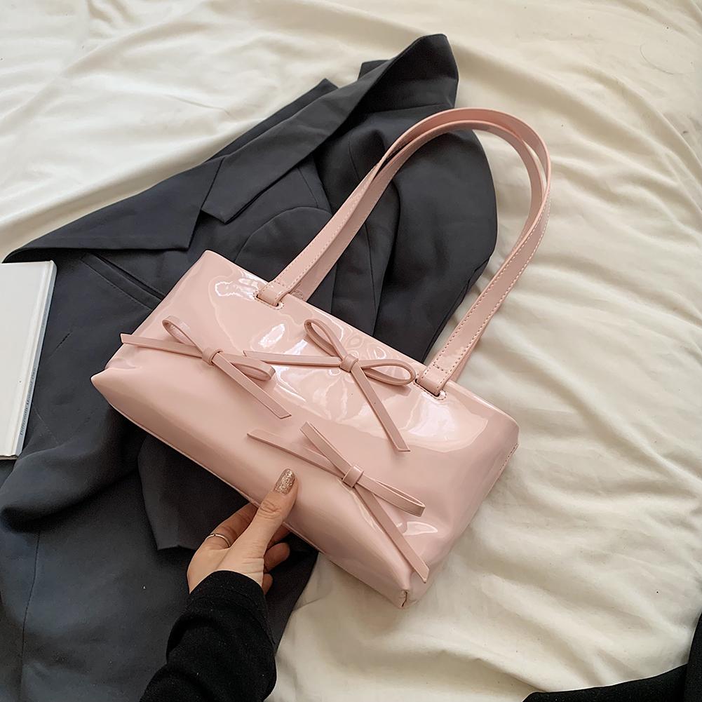 Women Simple Underarm Bag PU Leather Bowknot Handbag for Outdoor Travel (Pink)