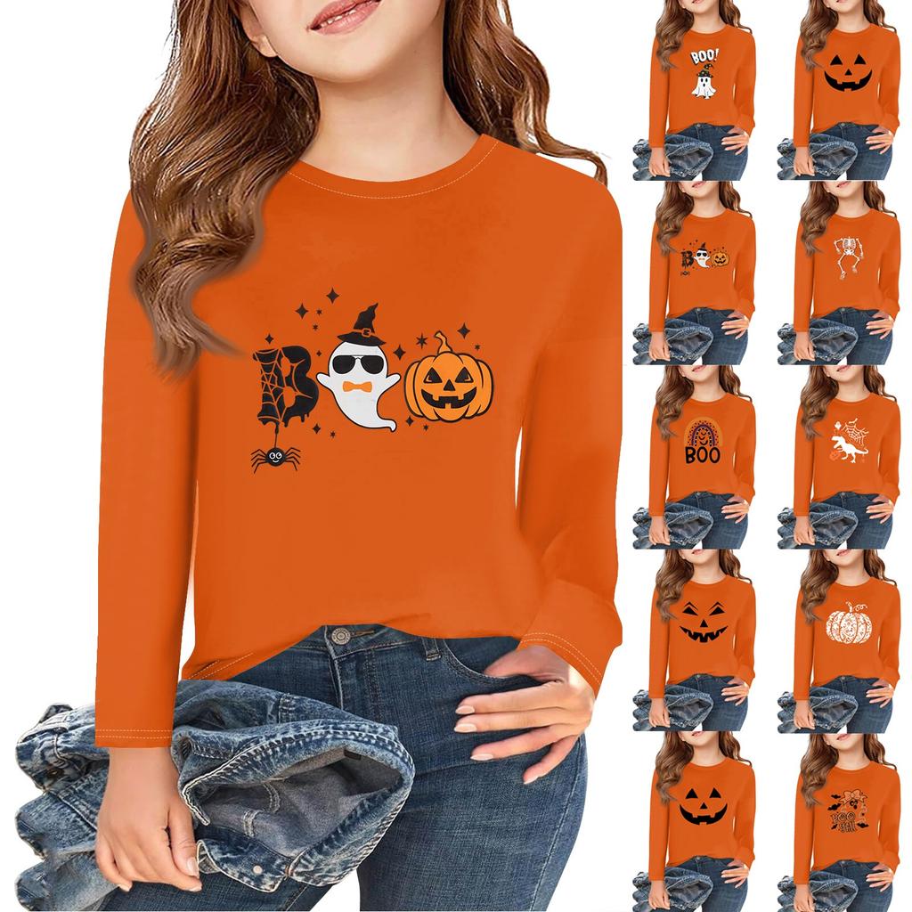 Girls Long Sleeve Halloween Day T Shirts Kids Fall Tops Crewneck Basic Tees 2-11Y