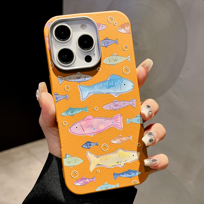 Cute Little Fish Phone Case For iPhone 16 Cases for iPhone 15 14 13 Pro Max 16e Magnetic For Magsafe Wireless Charge Leather Texture Silicone Cover