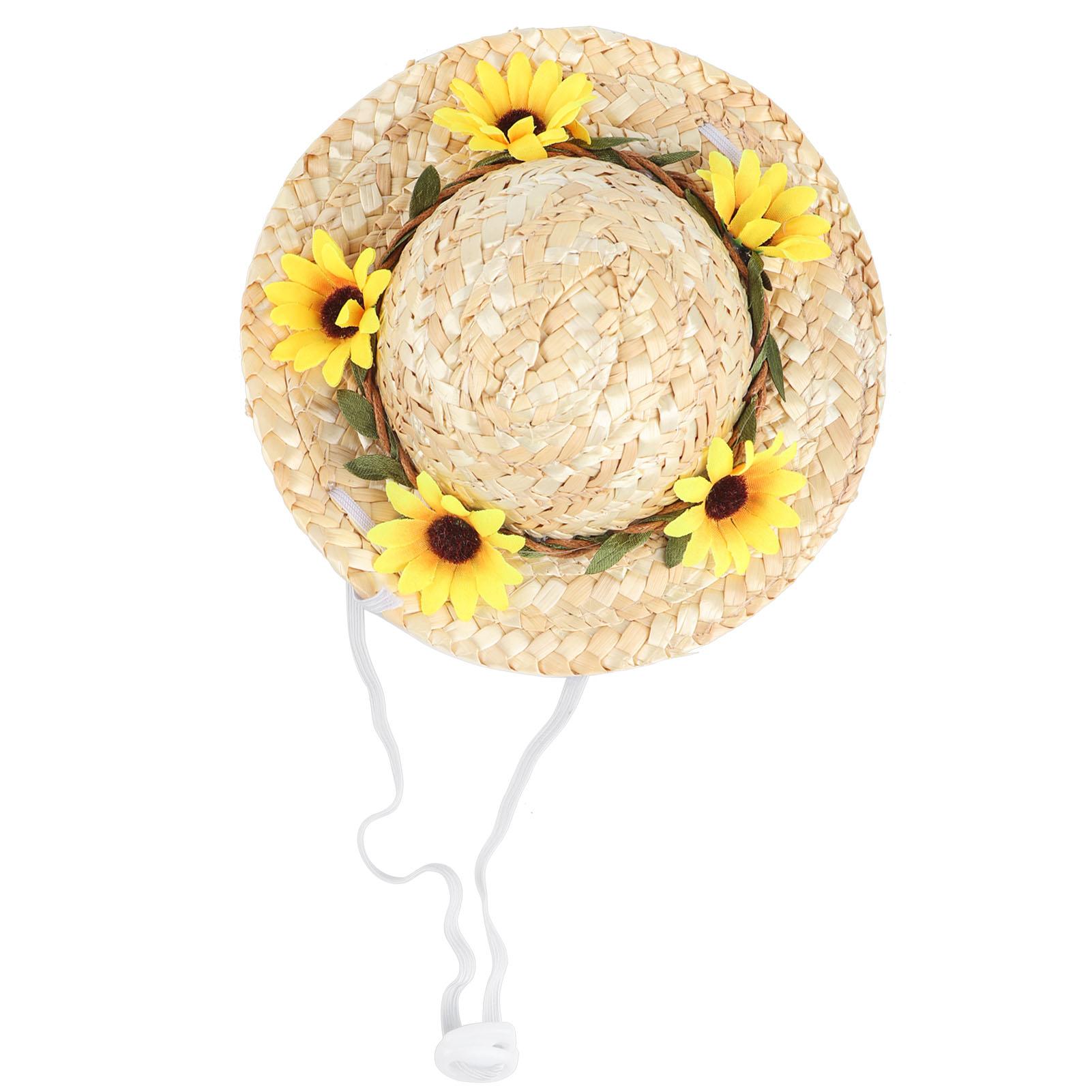 Huisdier Sombrero Hoed Mini Strohoed Huisdieren Verjaardagsfeest Hoeden met Bloemen voor Klein en Medium S(for 2-4kg) beige