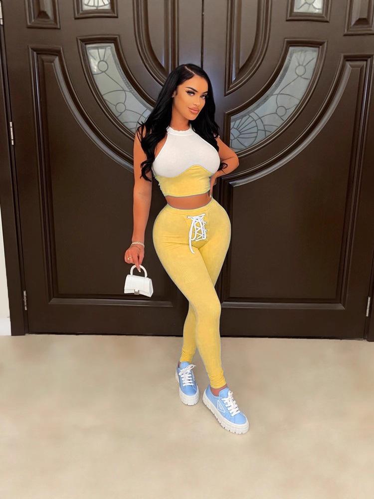 Women's European & American Sexy Ribbed Two-Piece Set: Round Neck Vest & Tie Pencil Pants