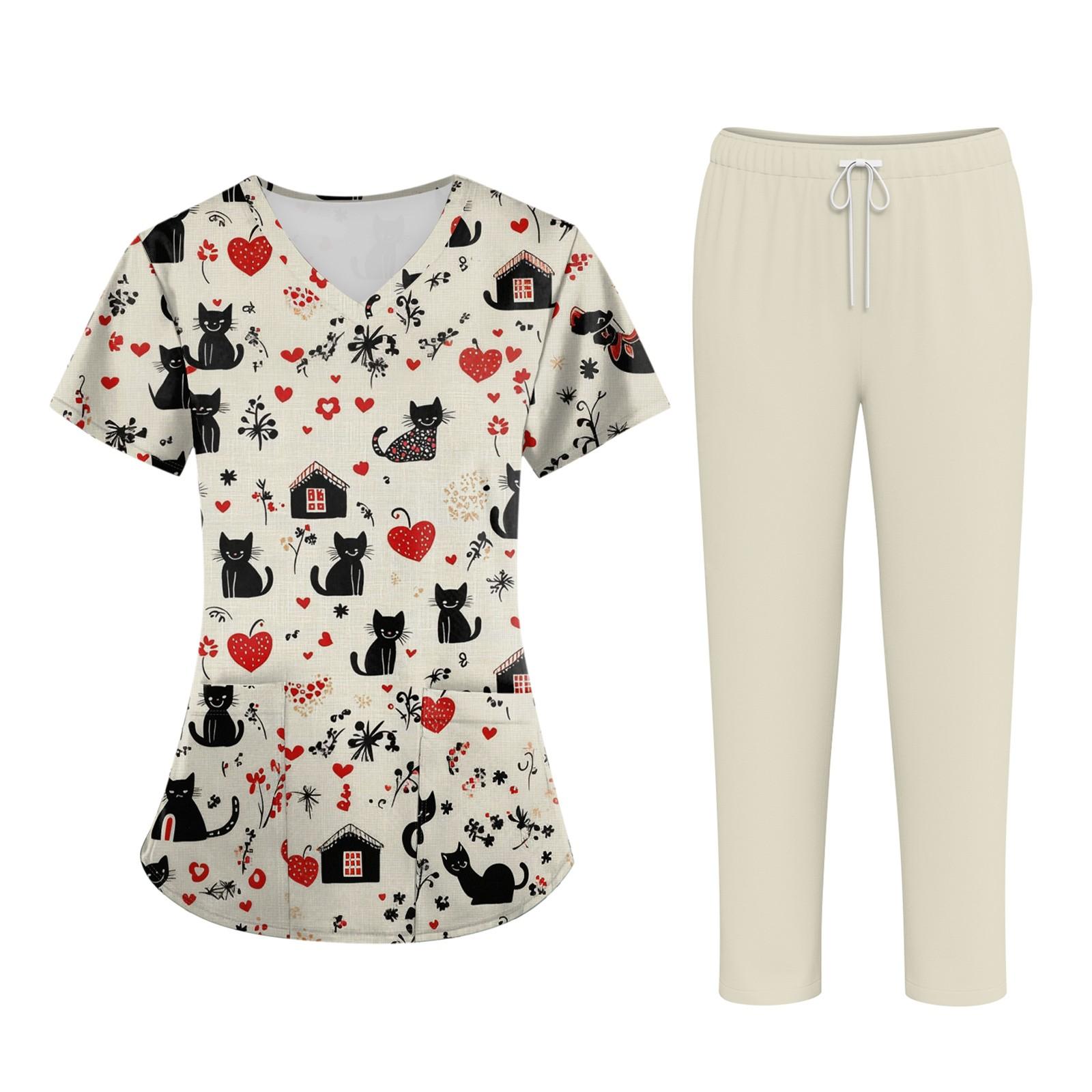 

Плюс размерСкраб с принтом Рабочая форма Топы для женщин Крест V-образным вырезом Хэллоуин Принт с короткими рукавами Забавные футболки Спецодежда Футболка с карманами XXL бежевый