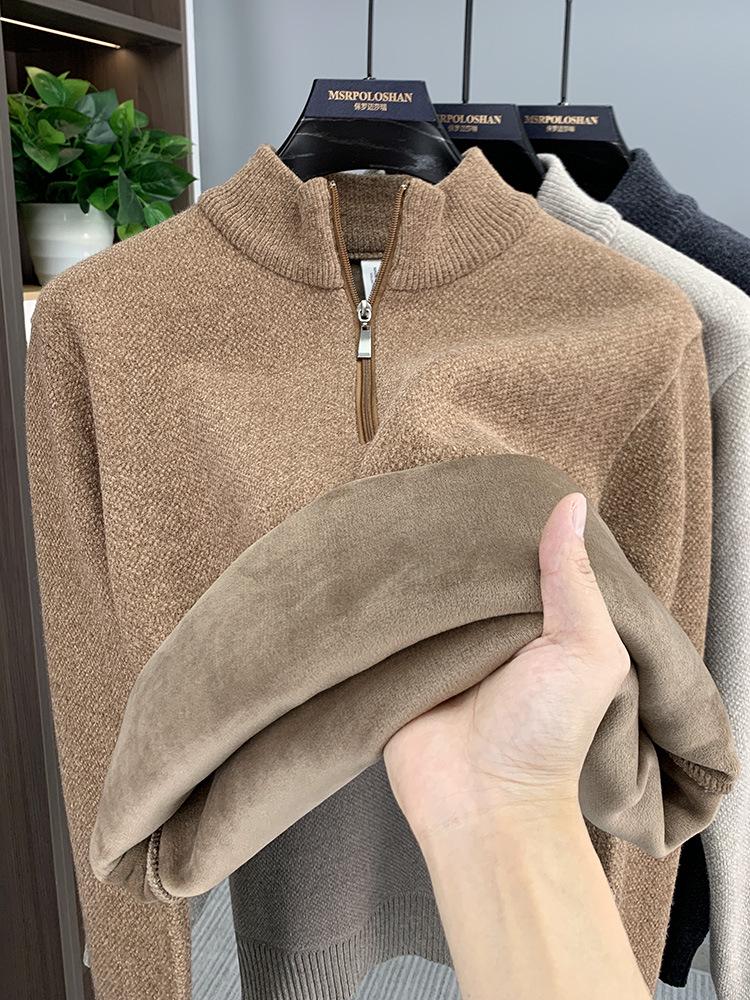 

2025 Winter Men s Half-High Collar Zipper Sweater - Velvet Fleece Thick Knit Base Layer M чорний