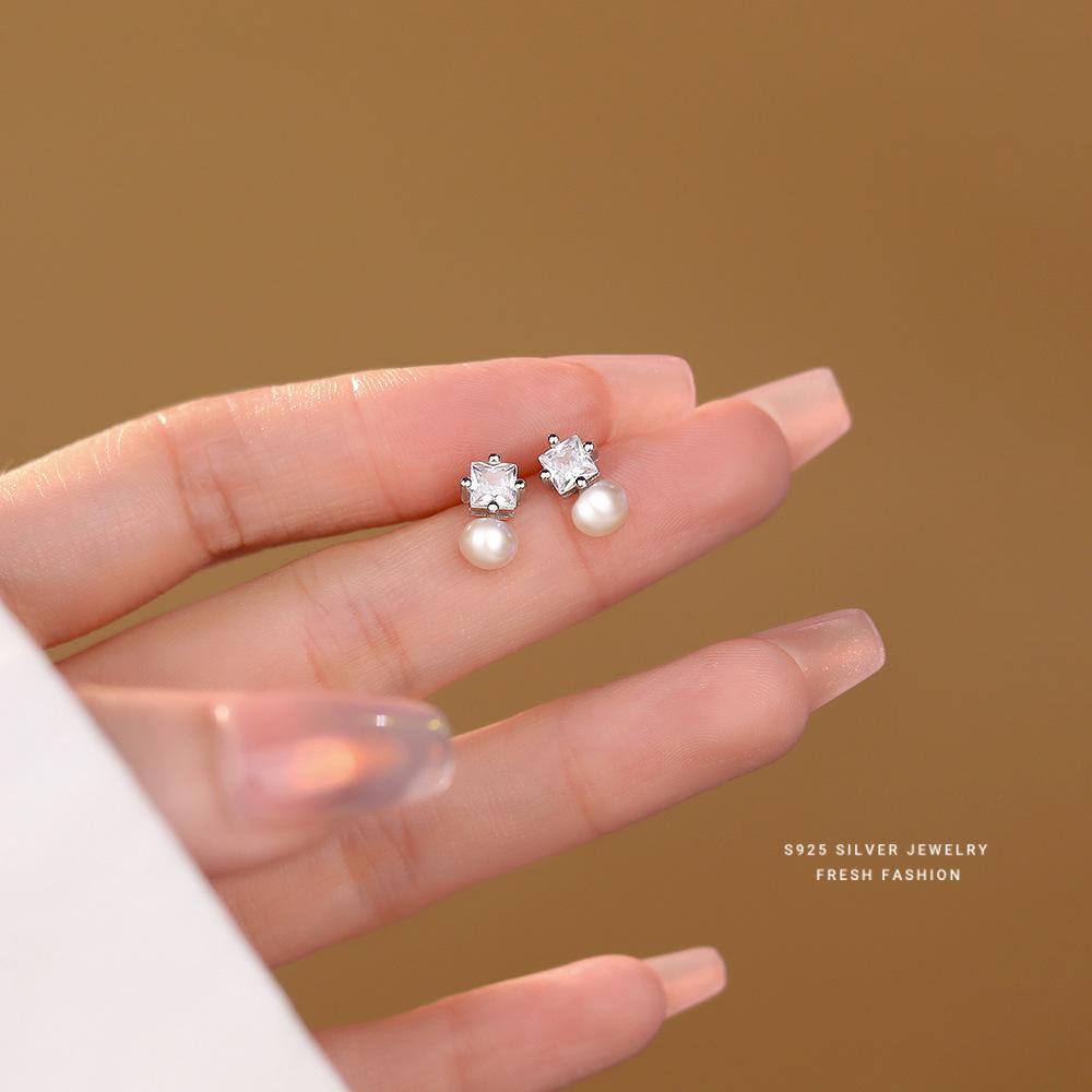

Real 925 Sterling Silver Freshwater Pearl Zircon Stud Earring Gift for Women Party Fine Jewelry Gift Silver