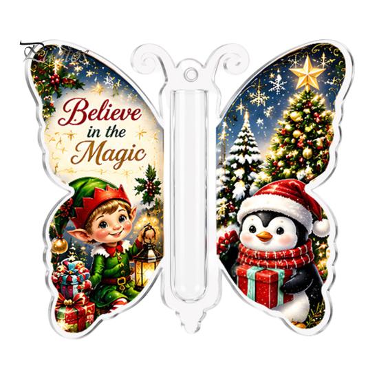 Christmas Keepsake for Money Cash Gift Ornament, 2D Acrylic Butterfly Holder Unique Family Ornament with Clear Compartment Trees, Windows, Doors