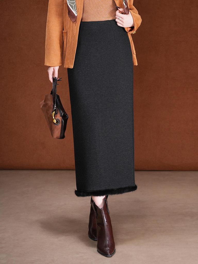Fluffy Wool-Blend Ruffle Midi Skirt, 2025 Winter High-Waist Slim-Fit Pencil Skirt