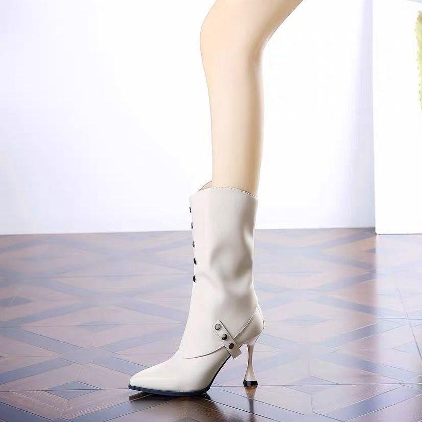 Fashion Elegant Heeled Pointed Toe Mid Calf Shoes Woman Autumn Winter Leather Half High Boots for Women Luxury New Rock Hot Y2k Pu Boot