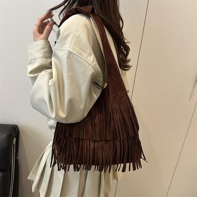 2025 Autumn New Leather Velvet Fringed Fashion Texture Retro Simple Large Capacity Shoulder Crossbody Women's Shoulder Bag