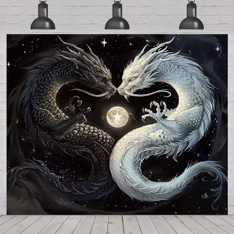 2D Flat Printing Yin Yang Dragon Tapestry, Starry Sky Dragon Art Backdrop for Bedroom