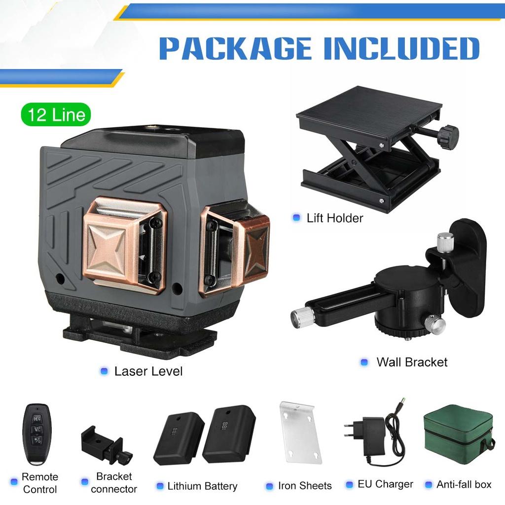 8/12/16 Linien-4D-Laser-Wasserwaage, verstellbar, grünes Licht, selbstnivellierend, 360° drehbar, horizontal, vertikal, kreuzweise, automatische Messung