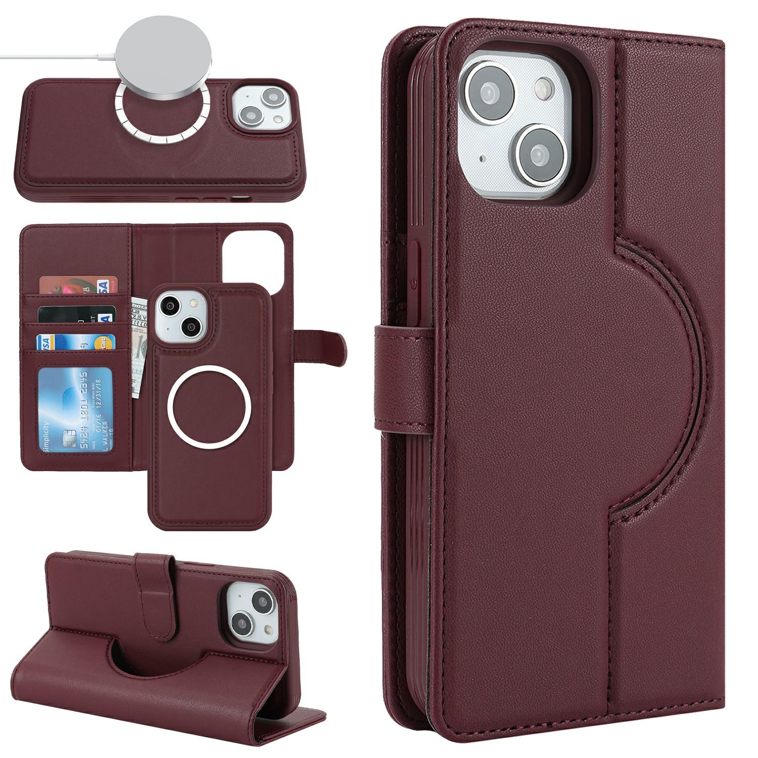 

For iPhone 15 Plus/4 Plus Wallet Case Compatible with MagSafe Anti-Drop Detachable PU Leather Phone Cover Wine Red