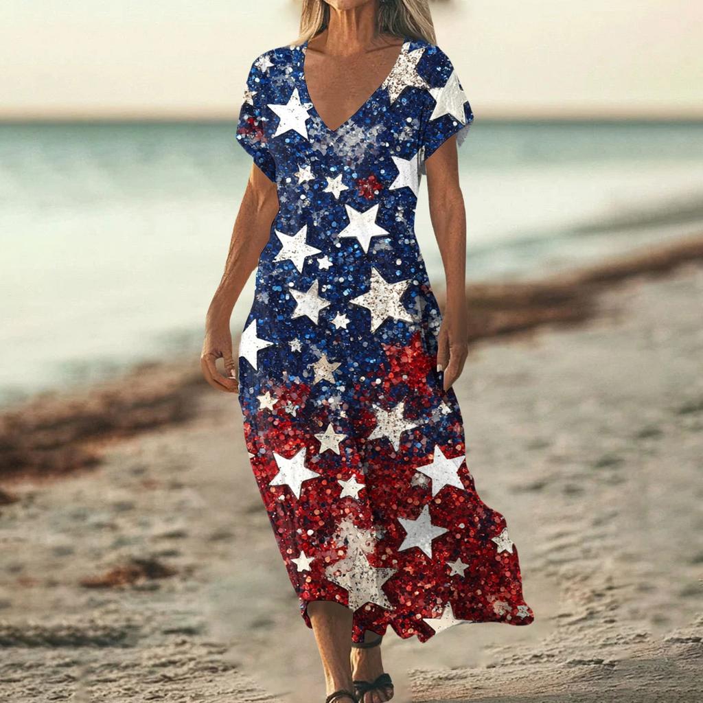 Women’s Short Sleeve V Neck Maxi Dress with Star Print Loose Fit Casual Summer Long Dress for Daily Wear